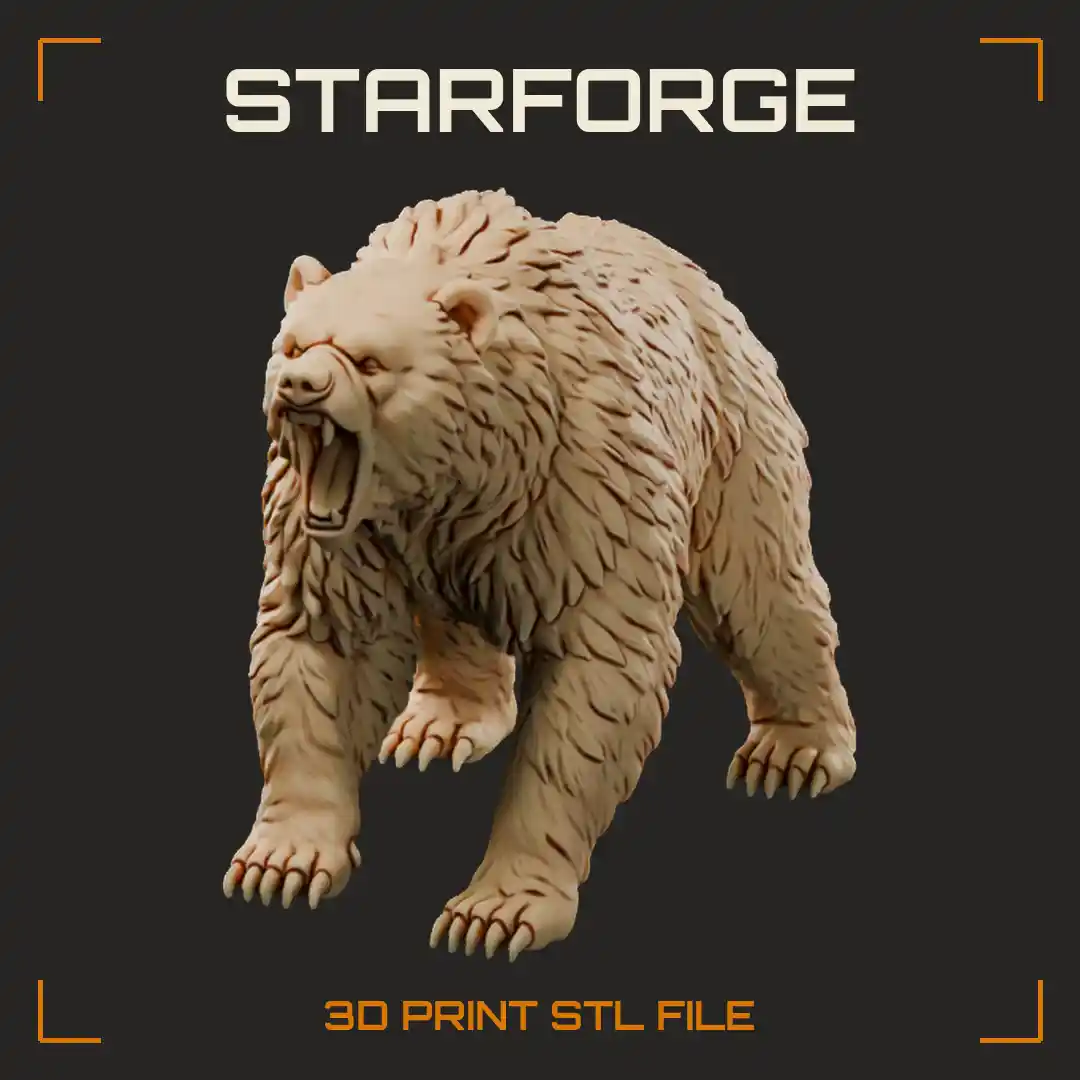 Roaring Grizzly Bear Striding Forward with Open Fanged Mouth Raised Claws and Thick Fur - 3D Printable STL File