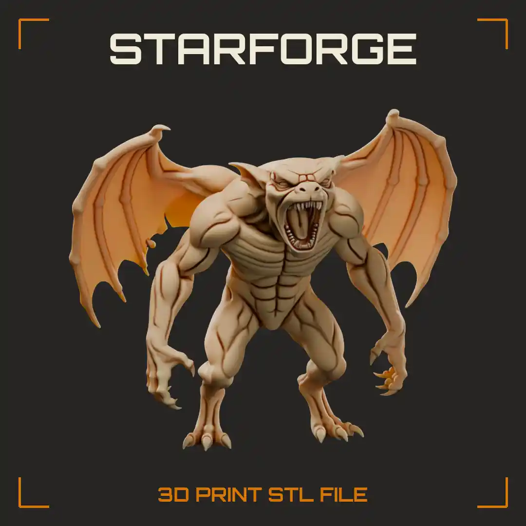Roaring Muscular Gargoyle with Spread Bat Wings Fanged Maw and Hooked Talons - 3D Printable STL File