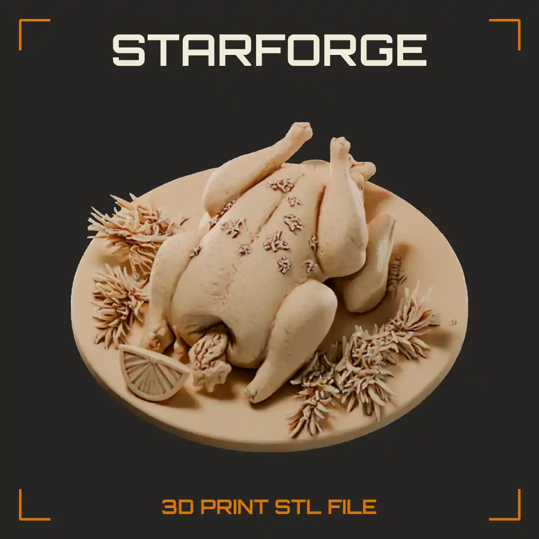 Roasted Chicken Feast Platter with Lemon Slices Rosemary Sprigs and Stuffed Cavity - 3D Printable STL File