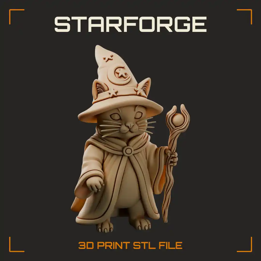 Robed Wizard Cat with Moon-Emblem Pointed Hat and Crescent Orb Staff
