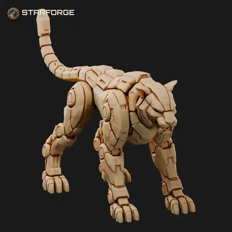 Robot Tiger Mech with Striped Armor Plates Fanged Jaws and Clawed Paws