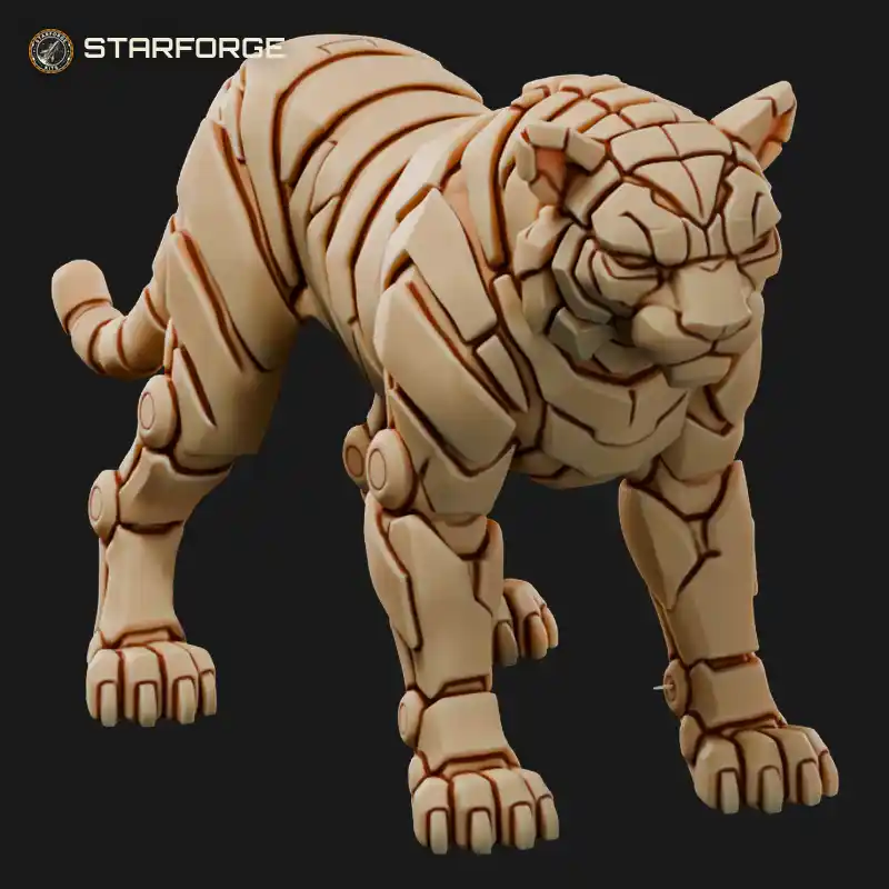 Robot Tiger with Striped Armor Plates Saber Fangs Piston Legs and Metal Tail
