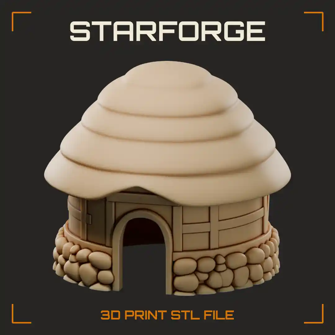 Round Cobblestone Pet Hut with Tiered Thatch Roof and Arched Doorway