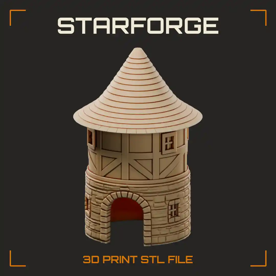 Round Half-Timbered Stone Tower Pet Hide with Arched Doorway and Conical Shingle Roof