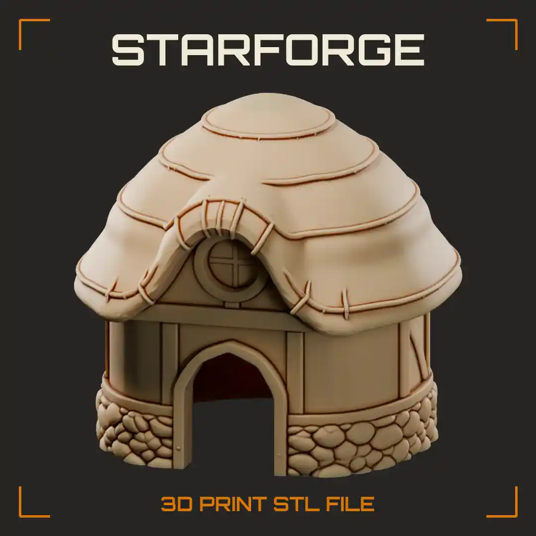 Round Thatched Pet Hut with Arched Doorway Cobblestone Base and Round Dormer Window