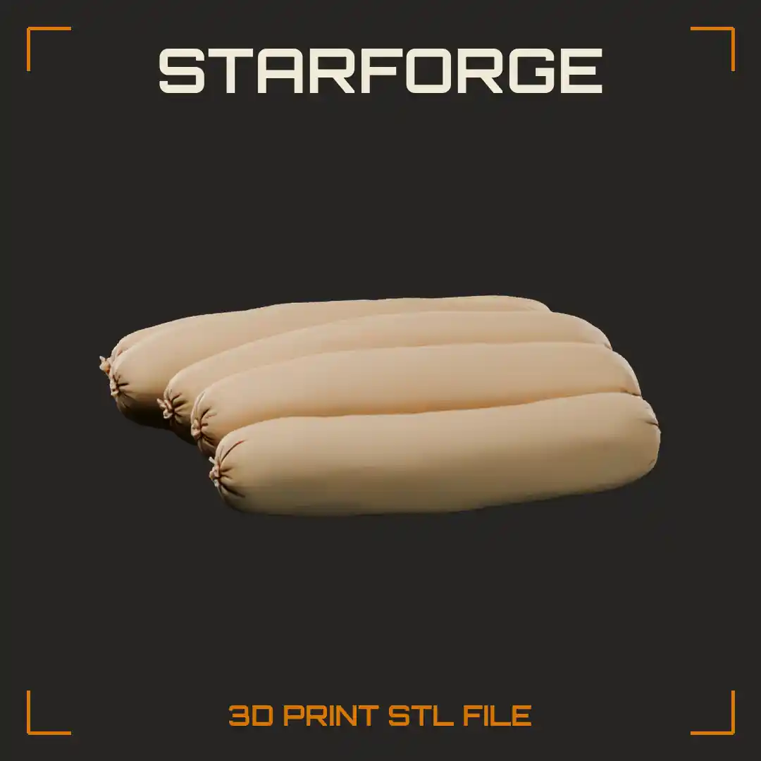 Row of Five Plump Sausages with Twisted Casing Ends and Wrinkled Skin - 3D Printable STL File