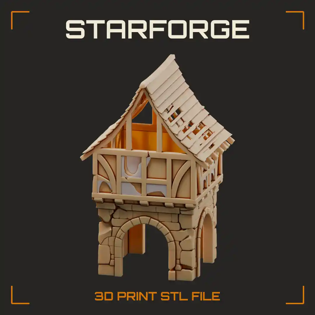 Ruined Half-Timbered Gatehouse with Stone Archways and Broken Plank Roof