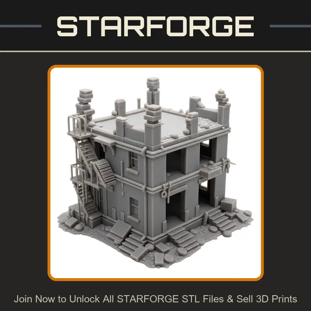 Ruined Urban Tenement Building Fire Escape Metal Stairs Damaged Rooftop Rubble Debris - 3D Printable STL File