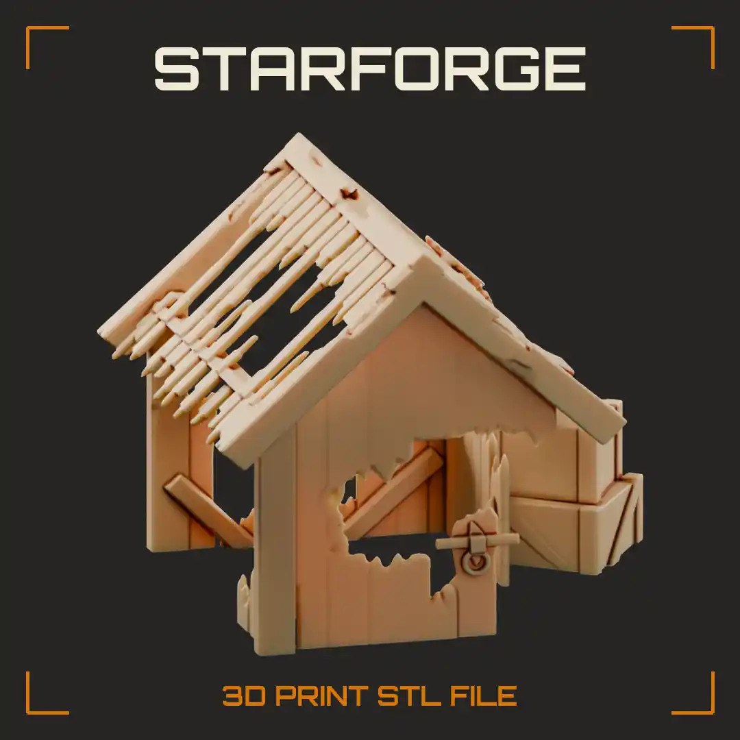 Ruined Wooden Plank Shed with Broken Rafter Roof and Stacked Crates