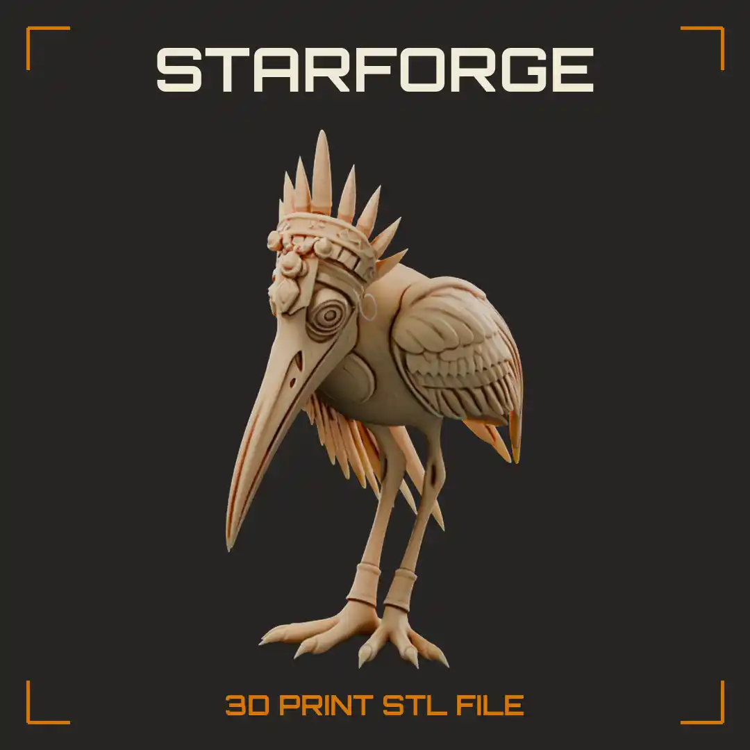 Sacred Ibis Monster with Spiked Jeweled Crown Long Curved Beak and Banded Legs - 3D Printable STL File