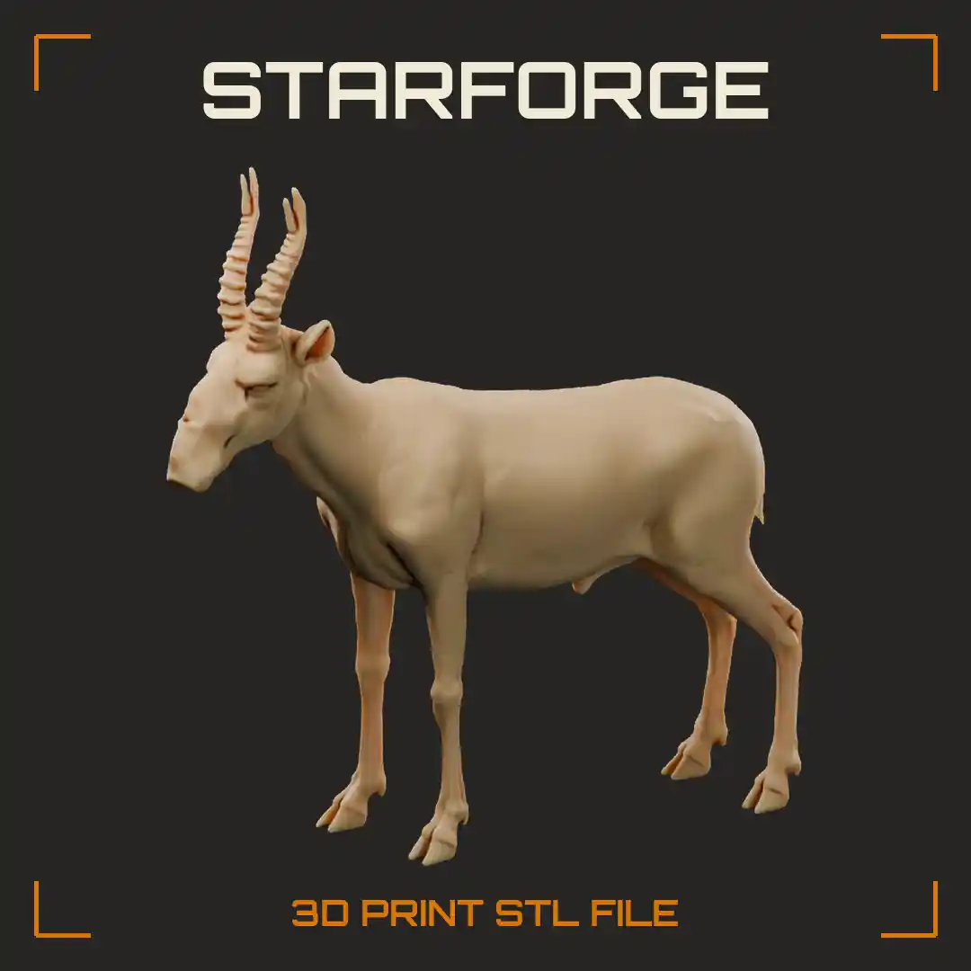 Saiga Antelope Standing with Bulbous Drooping Nose Ribbed Horns and Tan Coat
