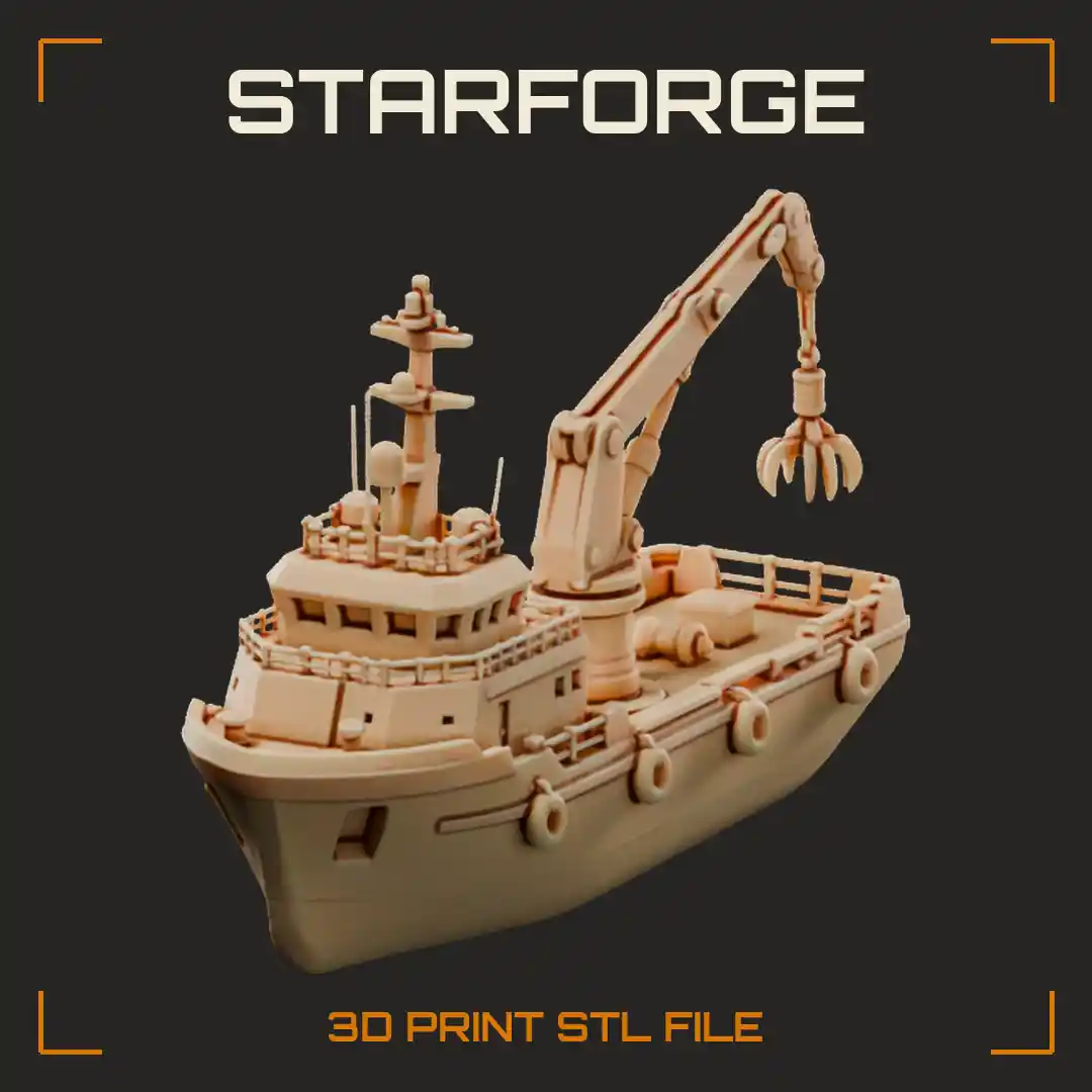 Salvage Ship With Crane Arm Magnetic Grapple Cargo Net Bay And Engines