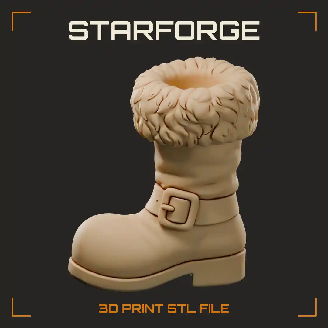 Santa Boot With Fluffy Fur Cuff Buckle Strap And Rounded Toe