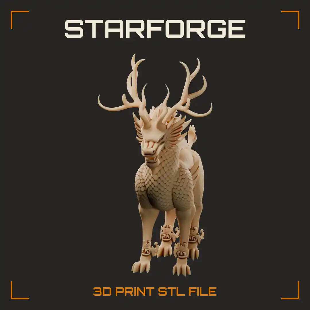 Scaled Qilin with Branching Antlers Flowing Mane and Curled Tail Standing Proud - 3D Printable STL File