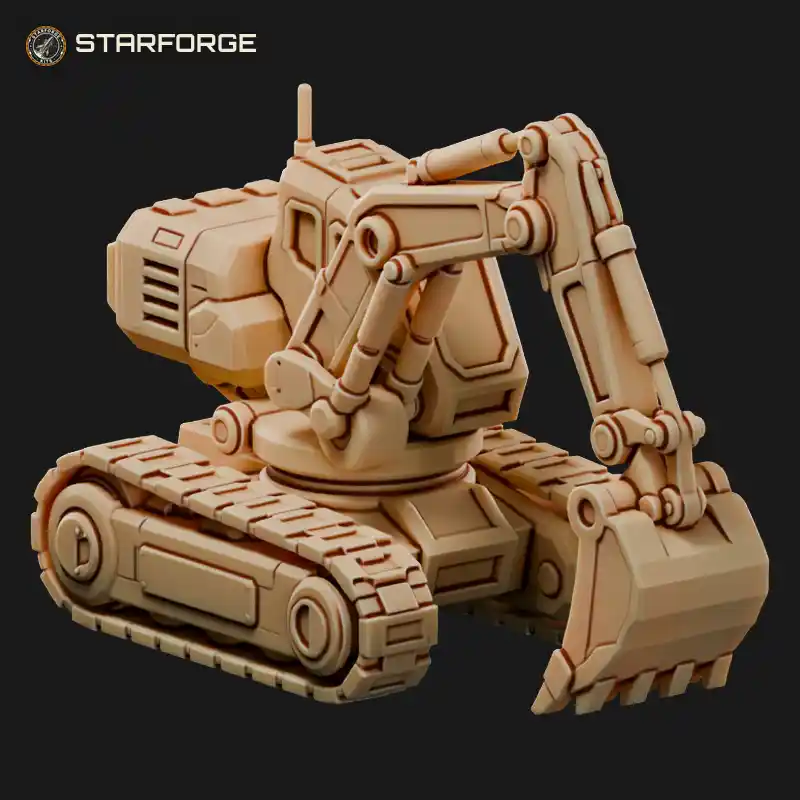 Sci-Fi Excavator With Scoop Arm Hydraulic Pistons Armored Cab And Wide Track Base