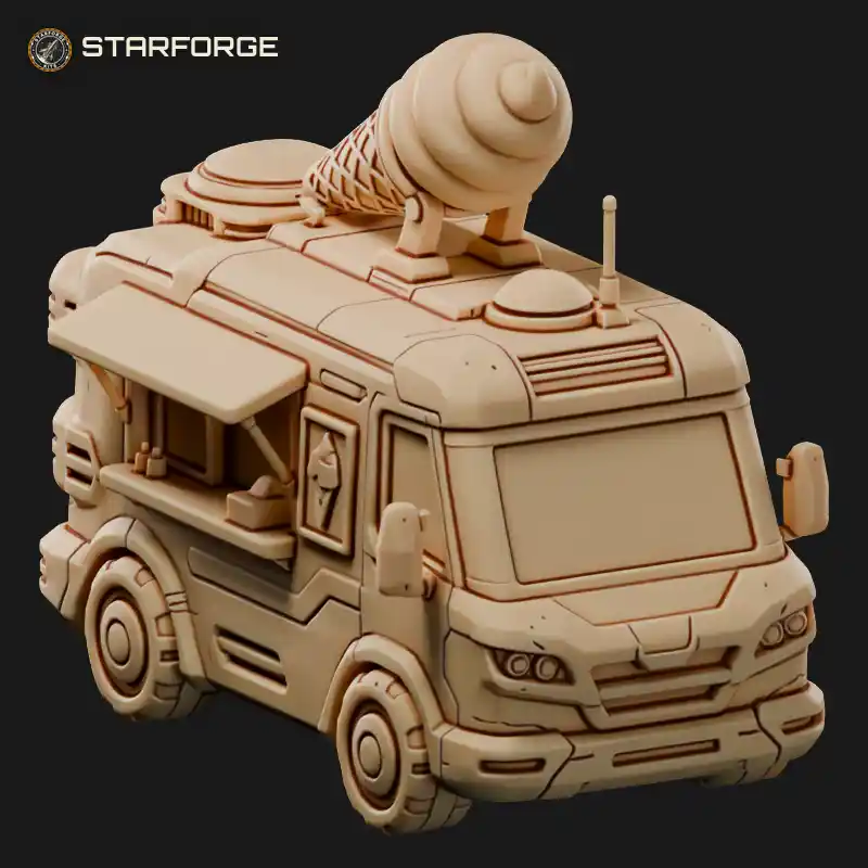 Sci-Fi Ice Cream Truck with Giant Roof Cone Serving Window and Hover Pads