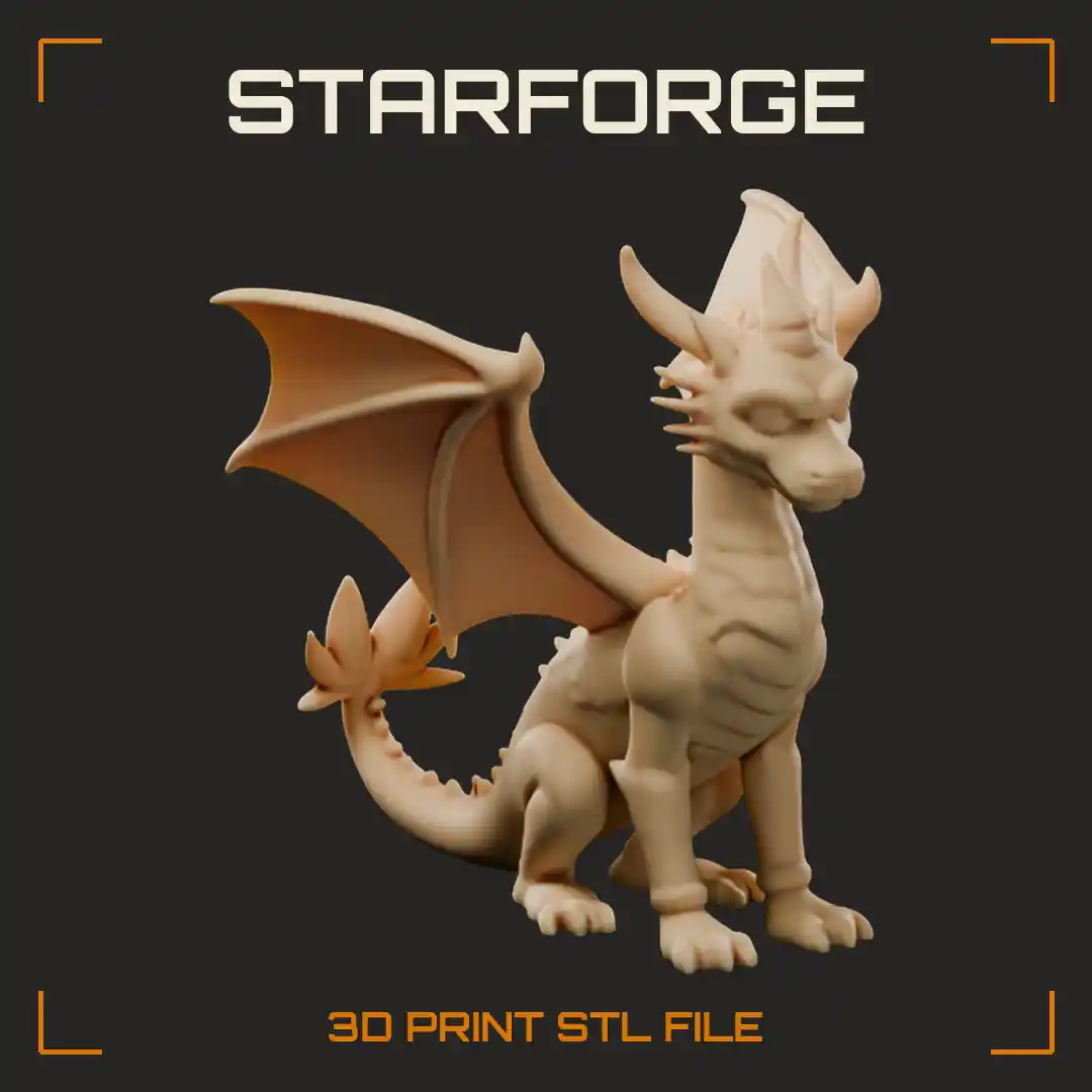 Seated Baby Dragon with Bat Wings Curved Horns Back Spines Leg Bands and Leaf-Shaped Tail