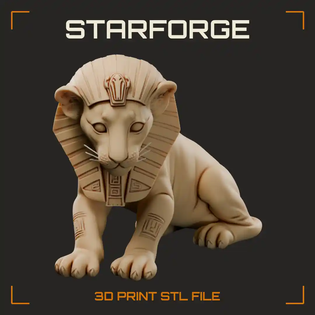 Seated Sphinx Lion Cub in Striped Nemes Headdress with Cobra Crown and Hieroglyph Armbands - 3D Printable STL File