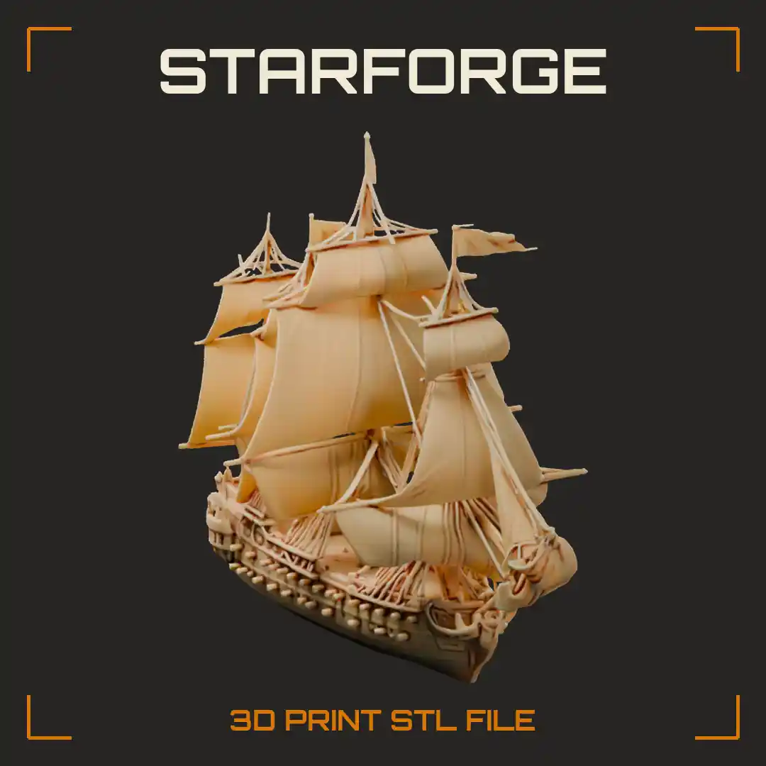 Ship of the Line Three Decker Warship with Gun Decks Full Sails and Ornate Stern