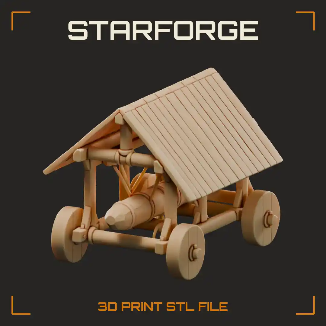 Siege Battering Ram with Hide-Covered Roof Suspended Log and Wooden Spoked Wheels