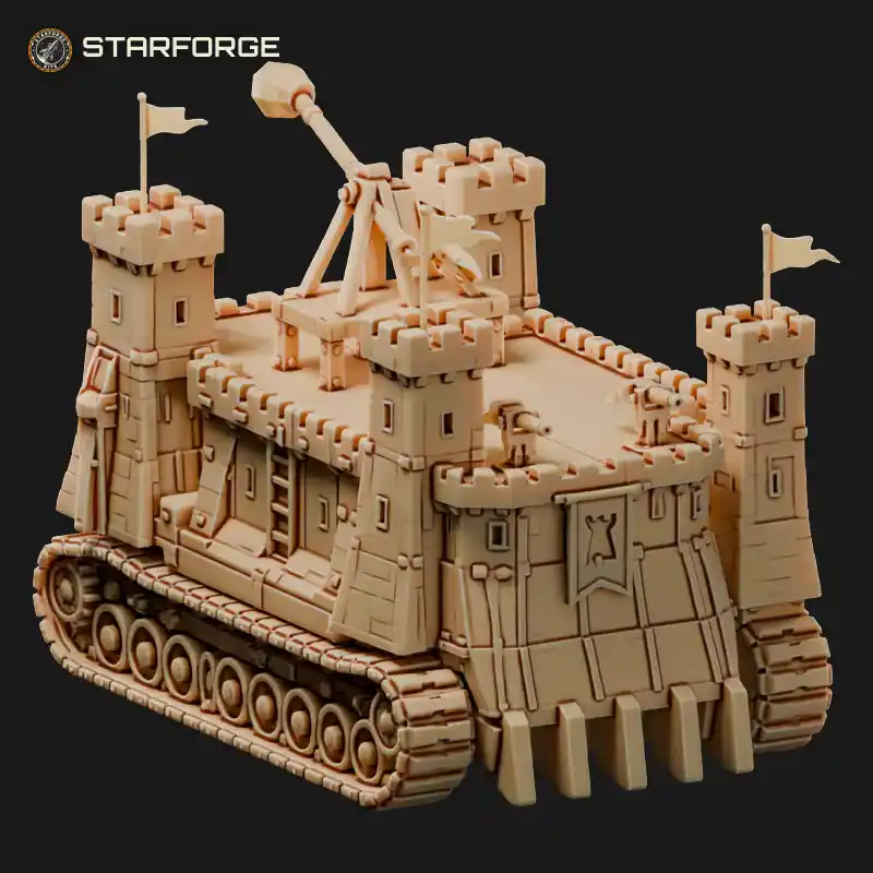 Siege Crawler Fortress on Tracks with Battering Ram Towers Armored Walls and Ramps