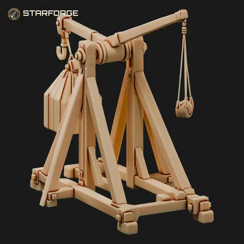 Siege Trebuchet With Sling Release Hook Pivot Axle Counterweight And Timber A Frame
