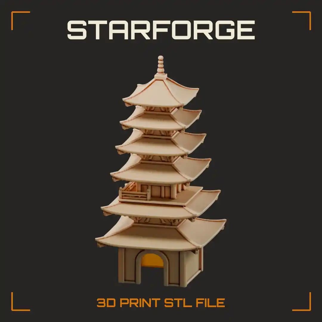 Six Tier Pagoda with Arched Ground Floor Doorway Curved Eaves Finial Spire and Balcony Railing