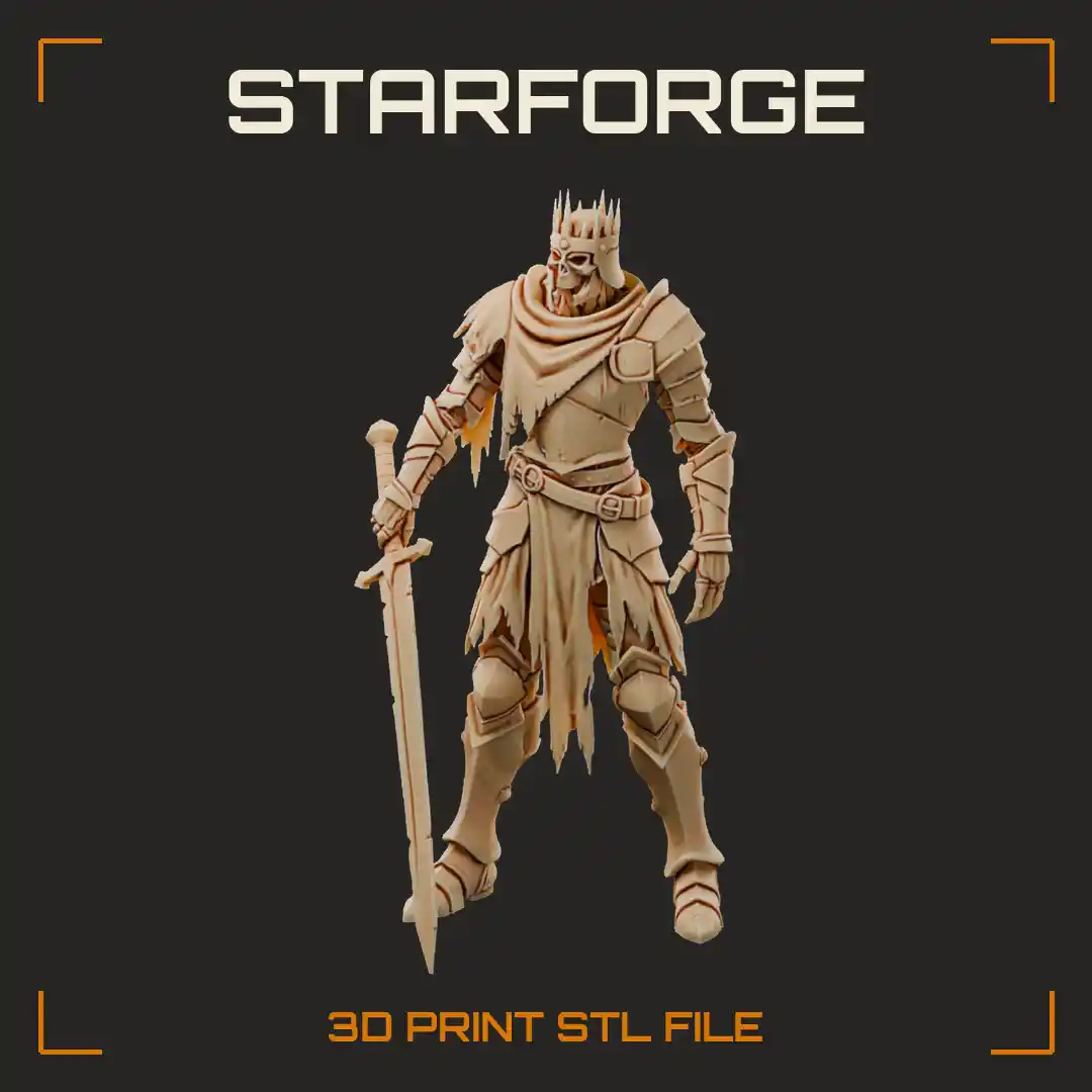 Skeletal Undead King in Tattered Plate Armor with Spiked Crown Ragged Cloak and Notched Greatsword - 3D Printable STL File