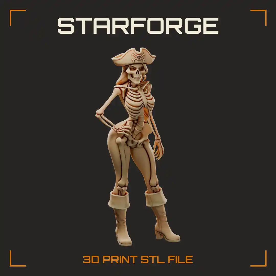 Skeleton Pirate Woman in Tricorn Hat and Cuffed Boots with Hand on Hip