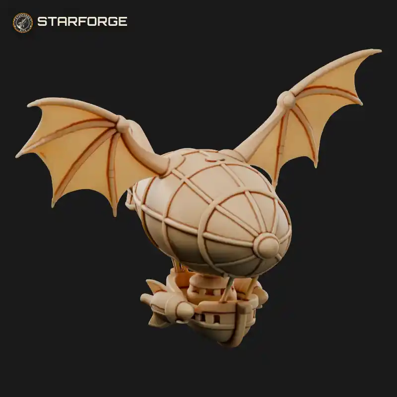 Sky Ship with Bat-Style Wings Wooden Frame Hull and Stern Propeller