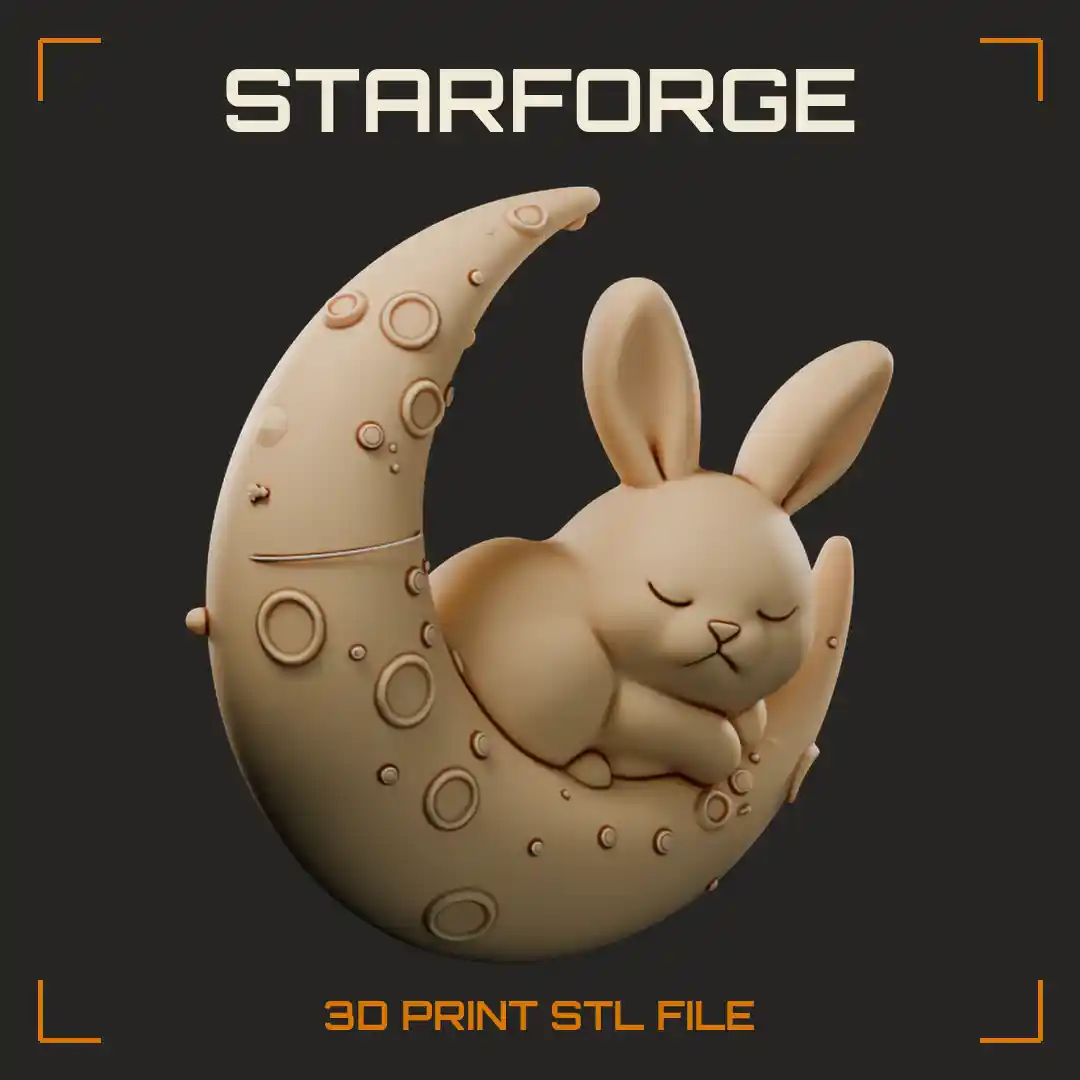 Sleeping Bunny Curled on Cratered Crescent Moon with Tall Ears