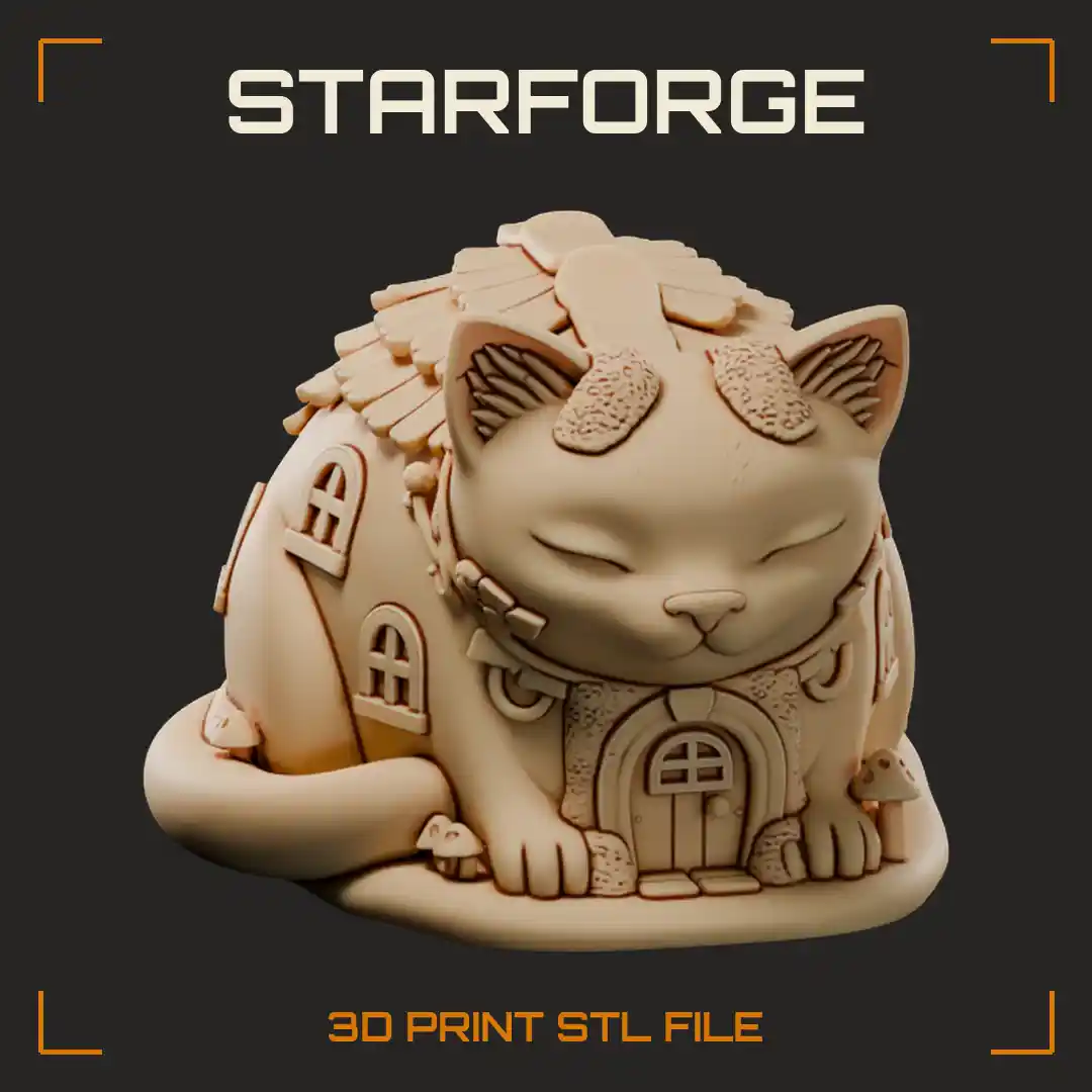 Sleeping Cat Fairy House with Shingled Roof Arched Door and Tiny Mushrooms - 3D Printable STL File