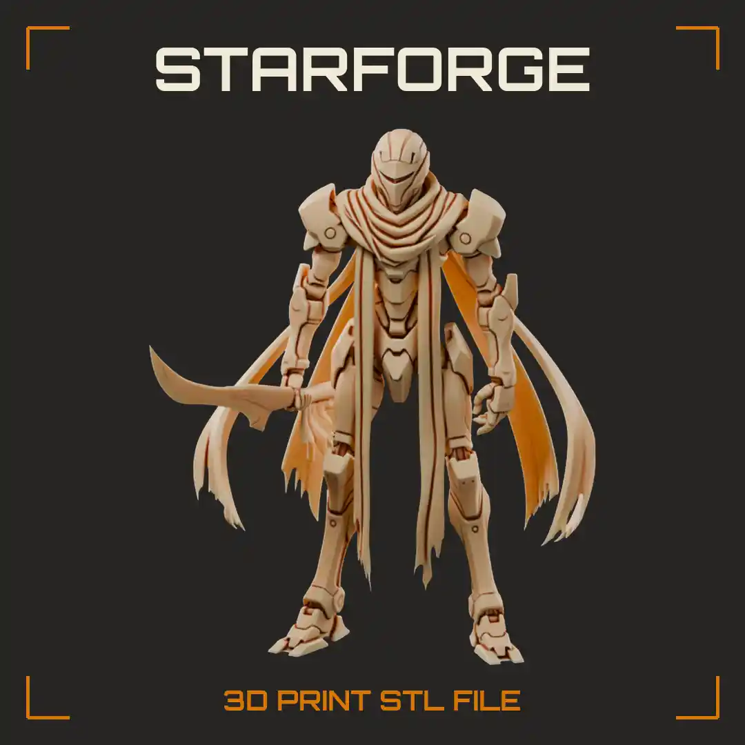 Slender Armored Android Swordsman with Tattered Flowing Cloak and Long Curved Blade