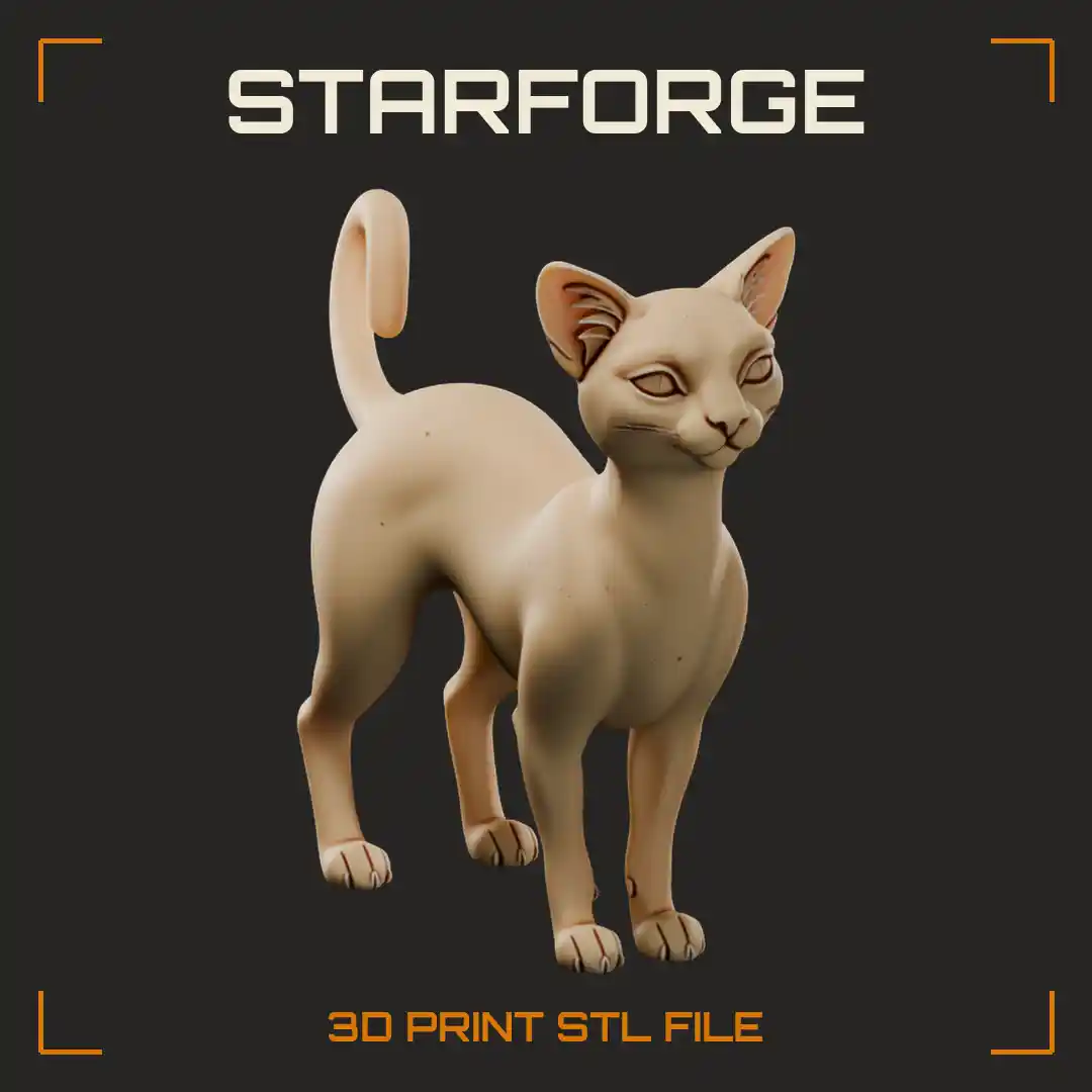 Slender Sphynx-Style Cat Standing Alert with Curled Tail and Large Pointed Ears