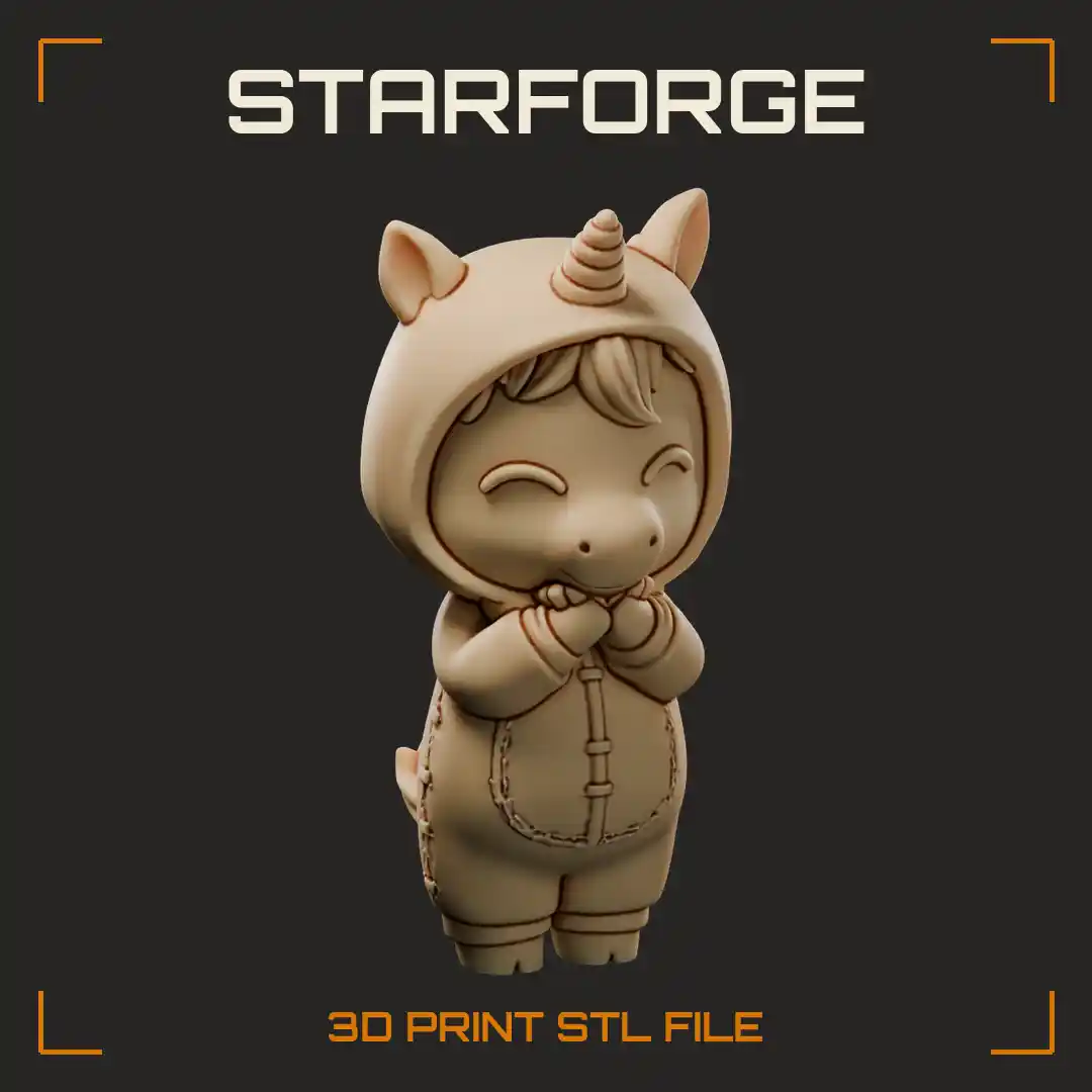 Smiling Child in Hooded Unicorn Onesie with Stitched Seams and Curly Tail - 3D Printable STL File