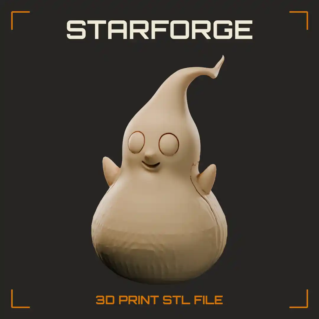 Smiling Gourd-Shaped Blob Creature with Curly Stem Tuft and Tiny Spiked Nubs