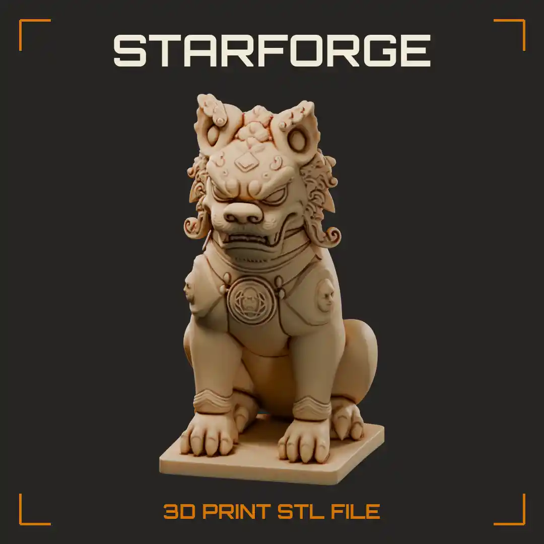 Snarling Guardian Lion with Curled Mane Medallion Collar Seated on Square Plinth - 3D Printable STL File