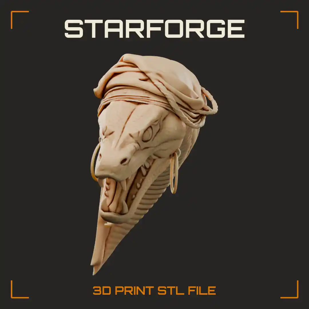 Snarling Moray Eel Head with Knotted Bandana Gold Hoop Earrings and Fanged Jaws - 3D Printable STL File