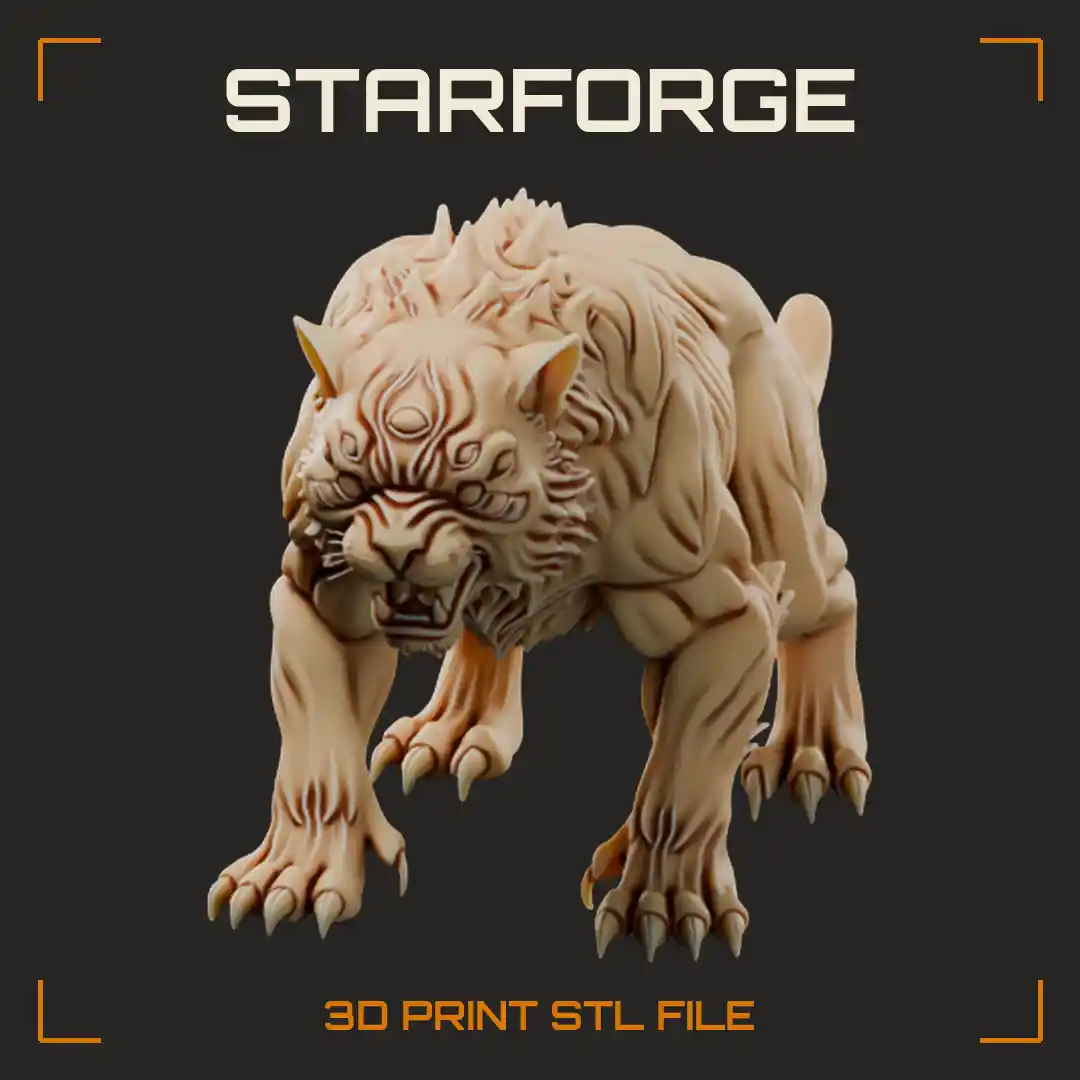 Snarling Spiked Cat Monster with Ridged Striped Hide and Long Curled Tail