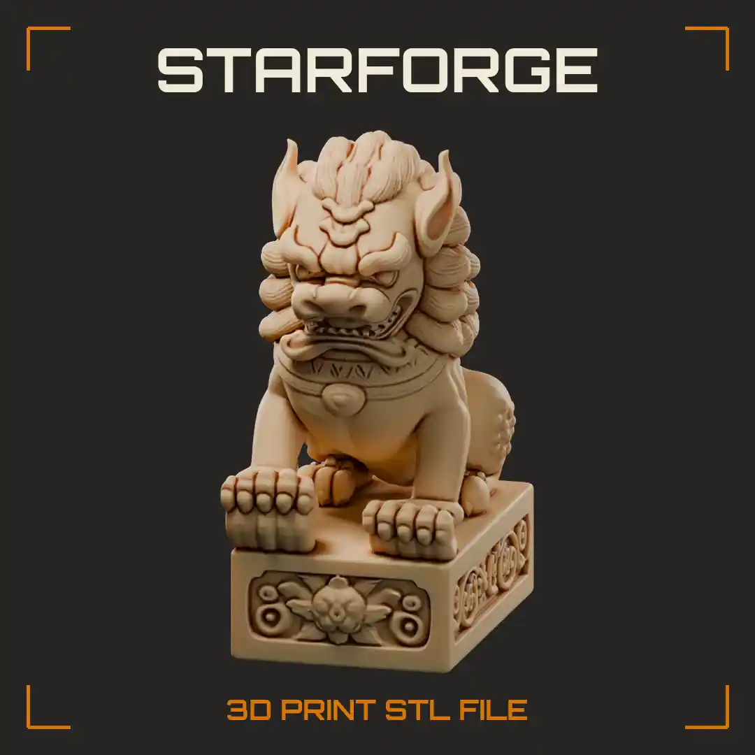 Snarling Stone Guardian Lion with Curled Mane Paw on Ball and Carved Scroll Plinth - 3D Printable STL File