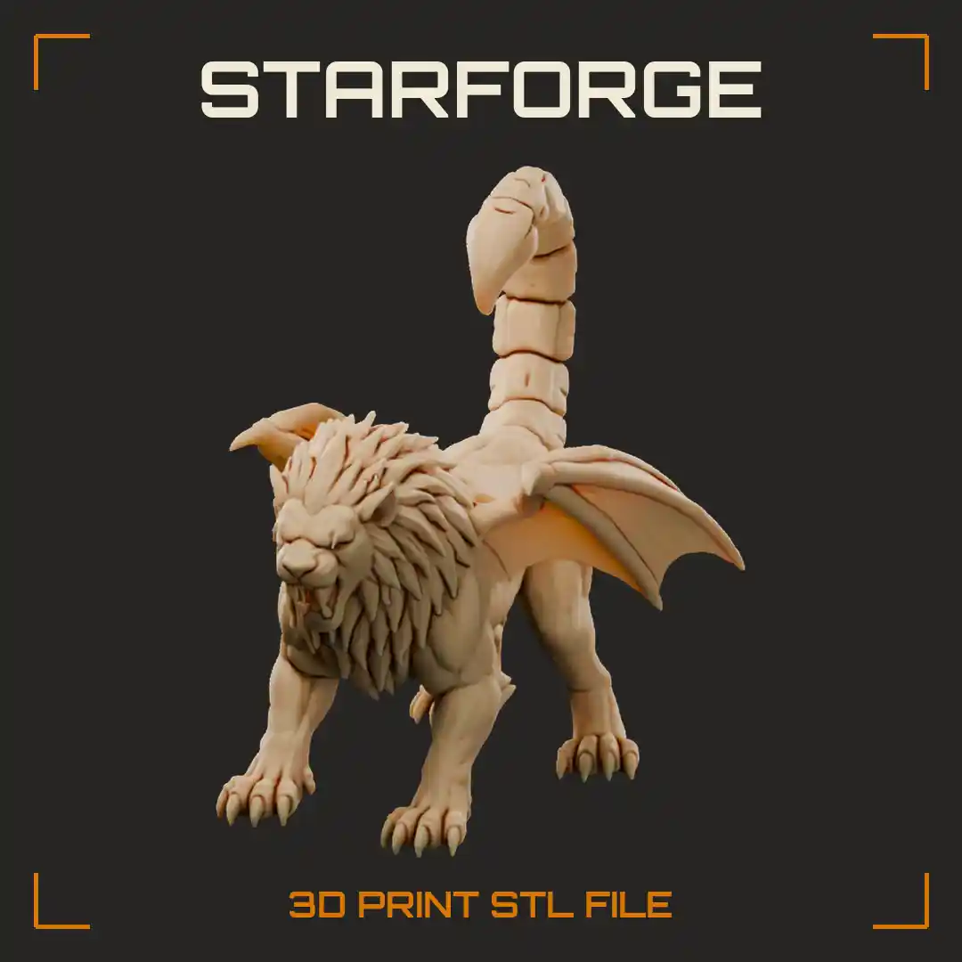 Snarling Winged Manticore with Shaggy Spiked Mane Segmented Scorpion Tail and Bat Wings - 3D Printable STL File