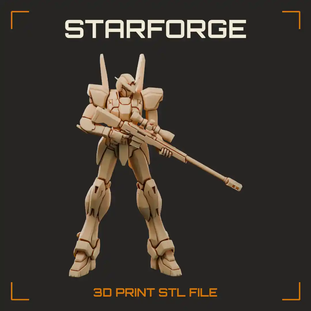 Sniper Anime Robot with Long Scoped Rifle Visor Head Armored Legs and Backpack Thrusters