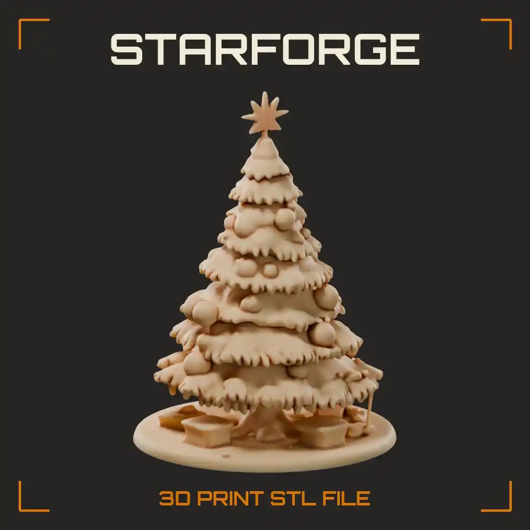 Snow Covered Christmas Tree with Star Topper Baubles and Wrapped Gifts on Round Base