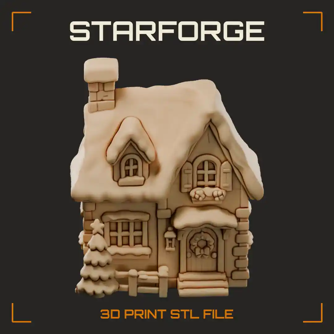Snowy Christmas Village House With Gabled Roof Chimney And Lit Windows