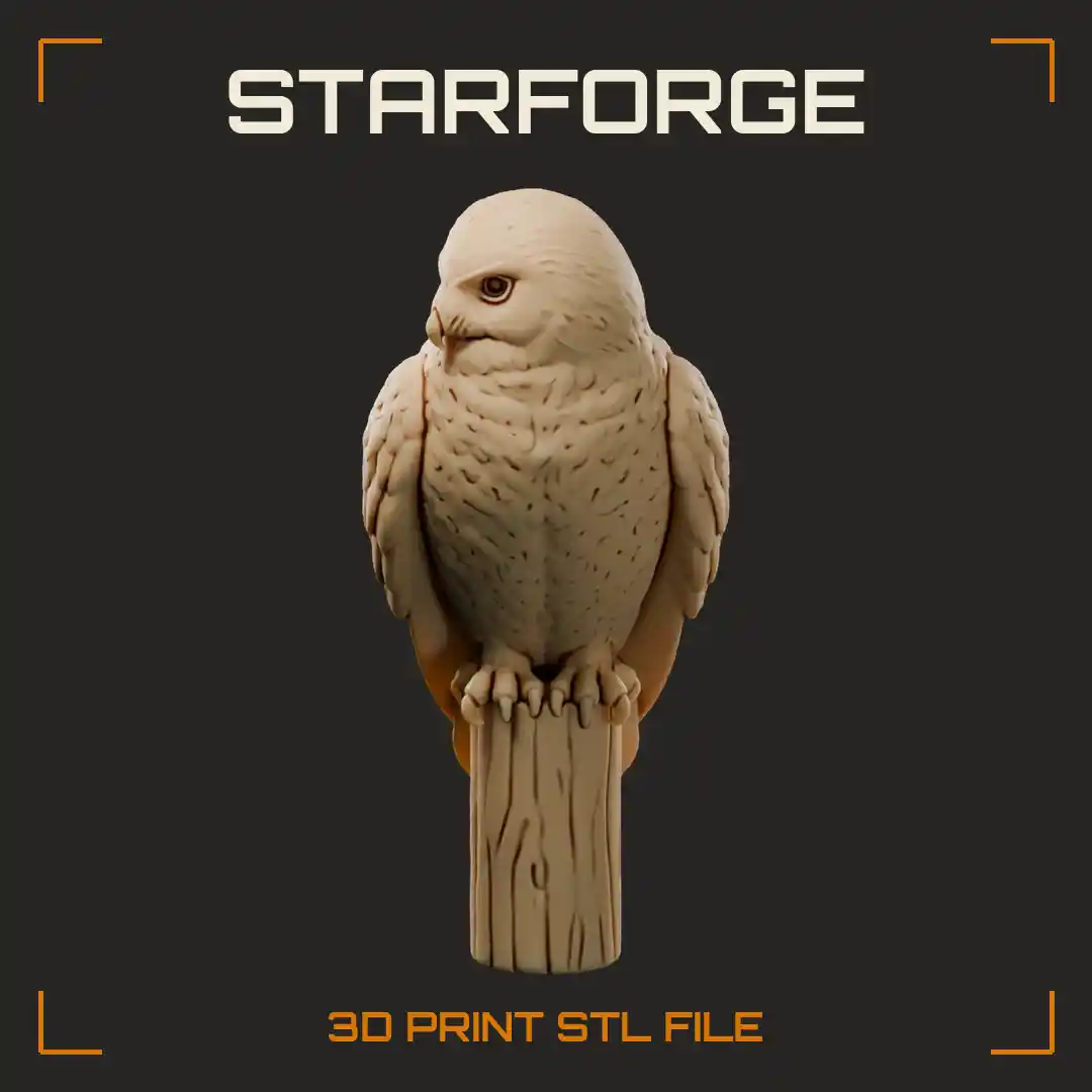 Snowy Owl Perched On Fence Post With Speckled Feathers And Folded Wings