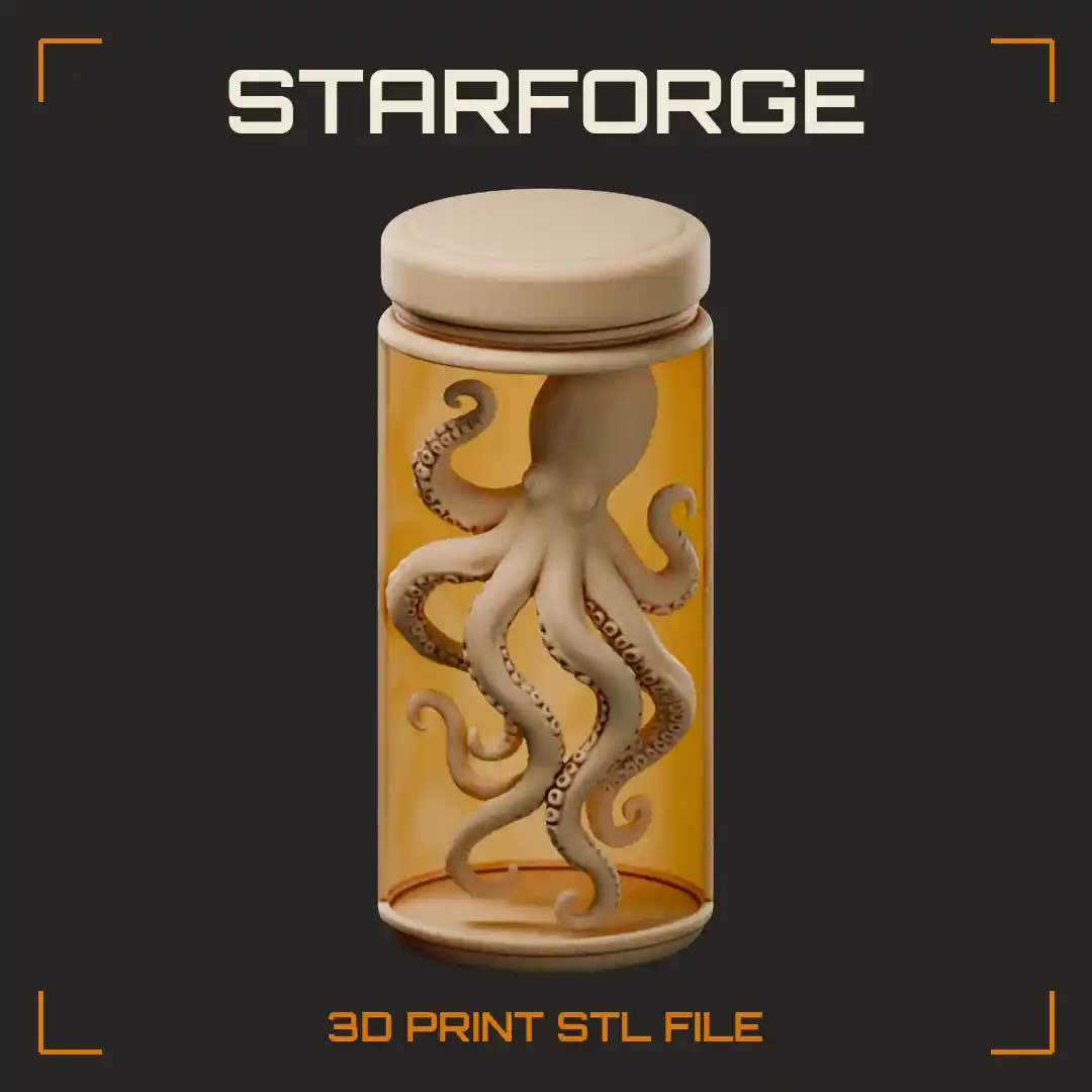 Specimen Jar with Floating Octopus Tentacles Screw Lid Glass Walls and Label
