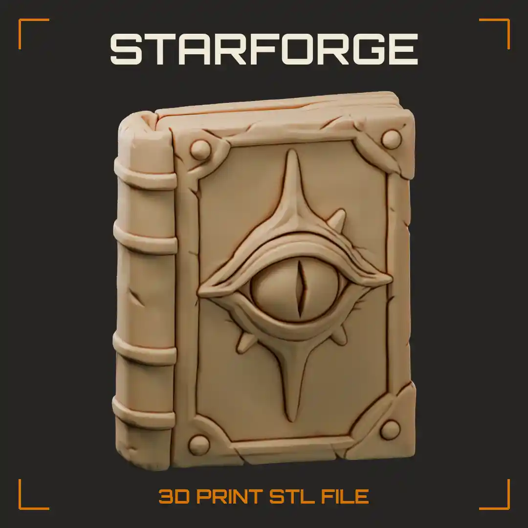 Spell Book with Carved Eye on Cover Metal Corner Guards Strap Clasp and Page Edges