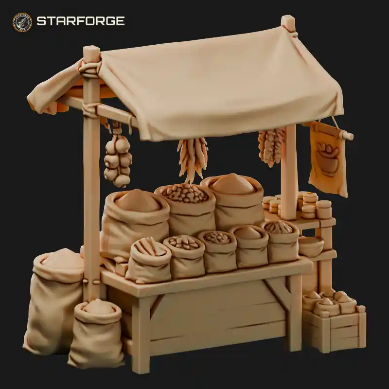 Spices Stall with Open Sacks of Ground Spice Scales and Striped Awning