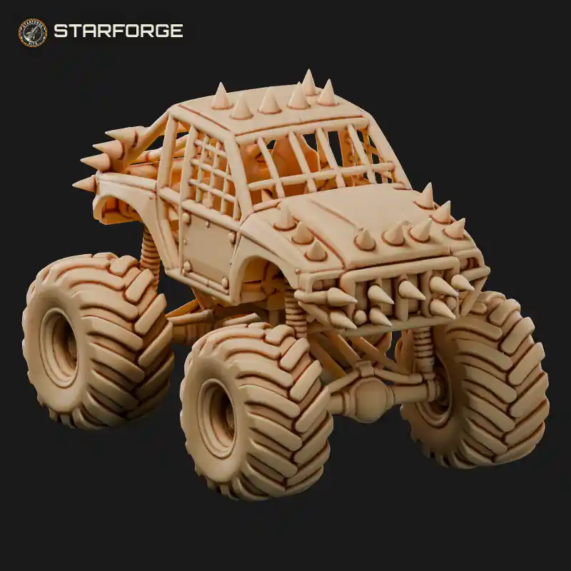 Spiked Monster Truck with Steel Roll Cage Studded Bumpers and Giant Lugged Tires