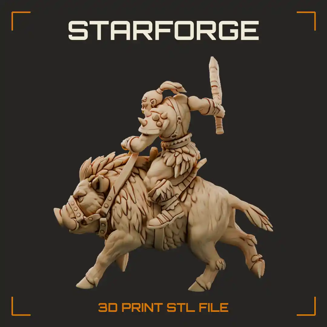 Spiked Pauldron Orc Warlord Charging on Armored Tusked Boar with Raised Crescent Battle Axe - 3D Printable STL File
